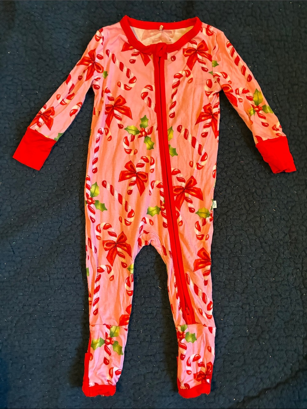 Posh Peanut Pink Candy Cane Footed One-Piece Pajamas with Red Trim